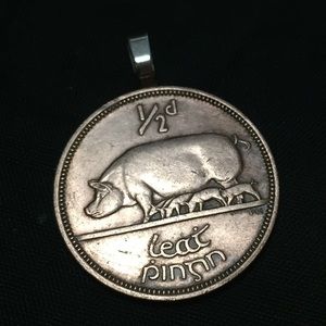 Vintage Irish pig and piglets coin pendant